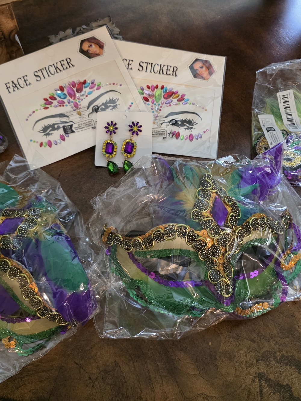 7 Piece Mardi Gras Feather Mask, Headband, Earring & Sticker Set